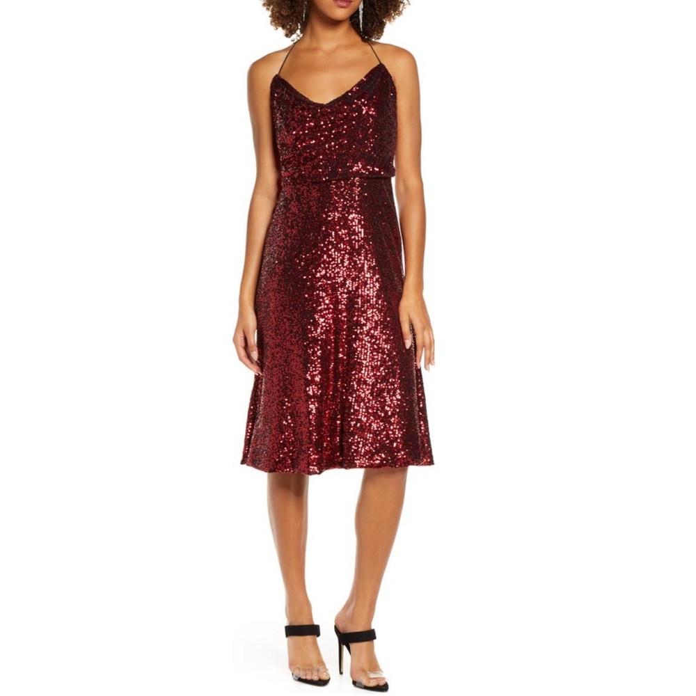 Dress The Population Zherra Halter Neck Backless Red Sequins Short Midi Dress